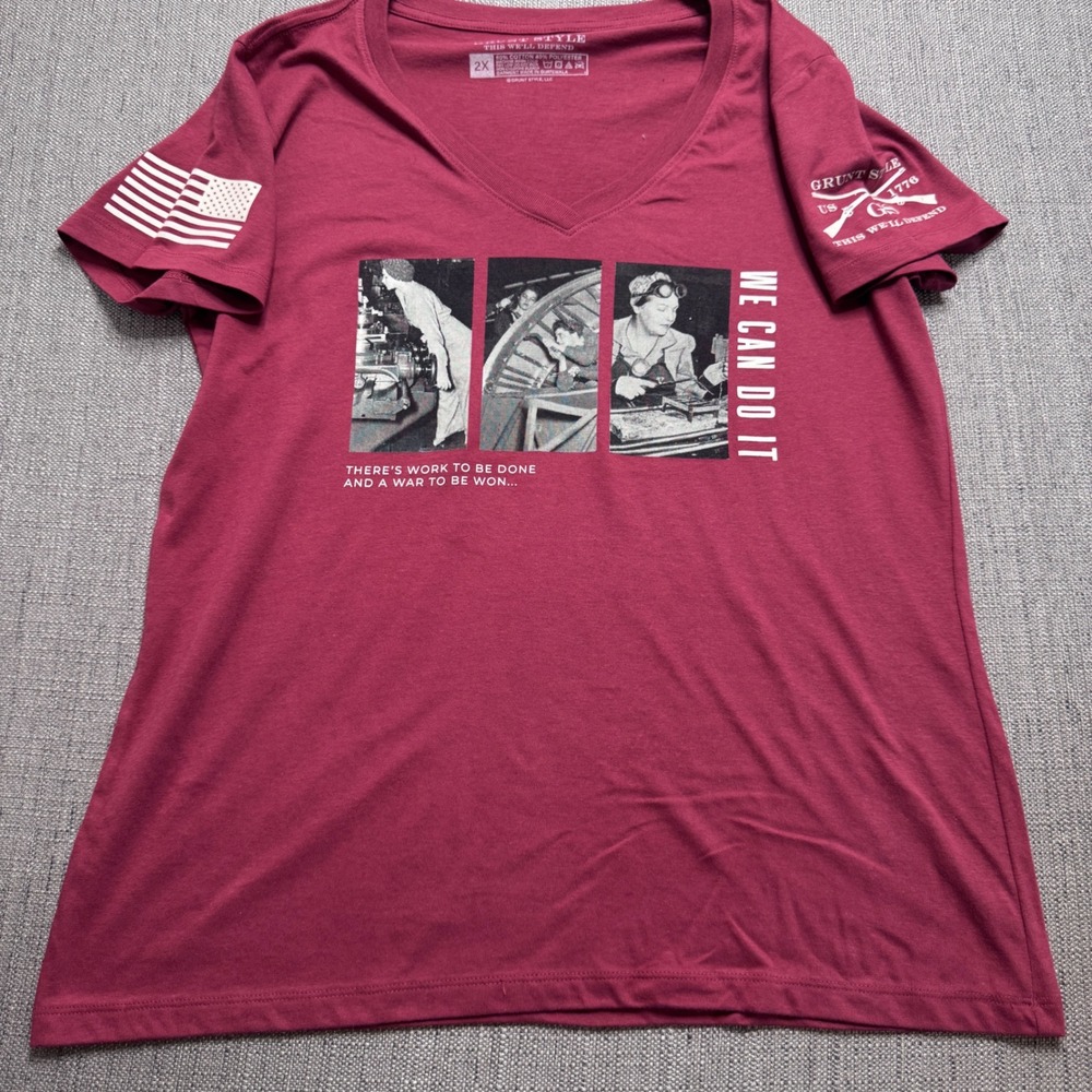Grunt Style Women 2X We Can Do It Rosie Riveter V-Neck T-Shirt Maroon Patriotic